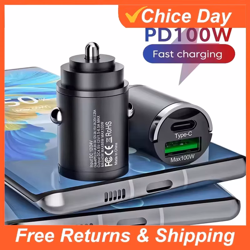 100/200W Mini Car Charger Charging for IPhone QC3.0 Mini PD Usb Type C Car Mobile Phone for Xiaomi Samsung Huawei Amagi