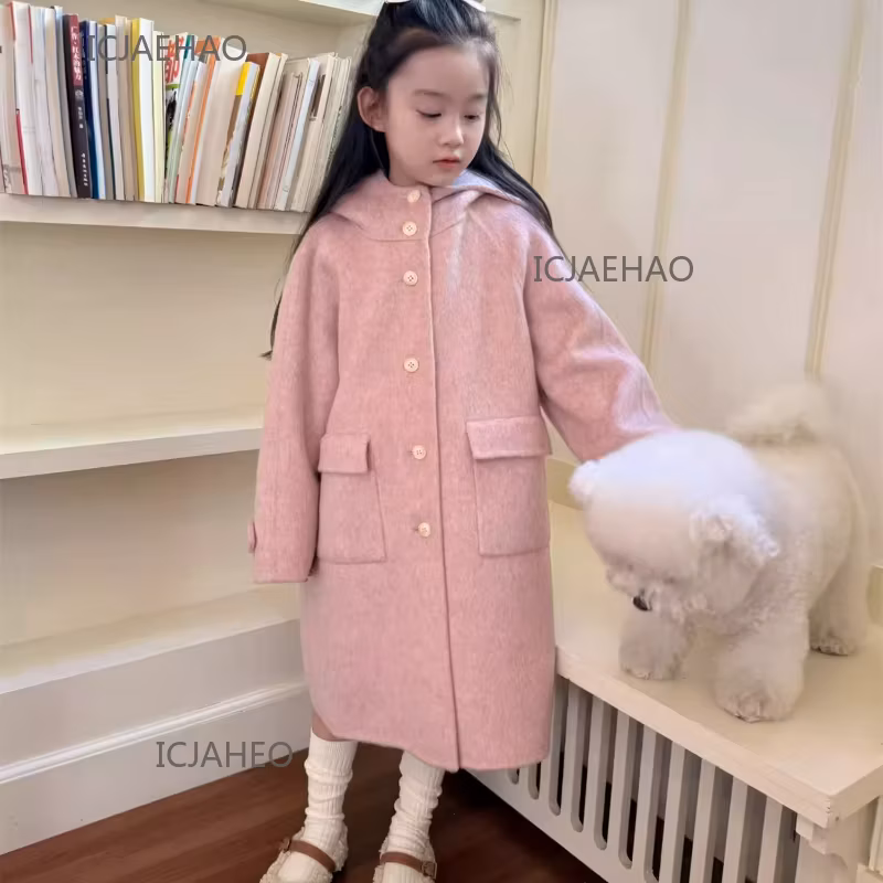 Teen Girl Clothes Kids Wool Double Faced Costume Girls Peach Pink Long Hooded Coat Children Handmade Matching Winter Outerwear
