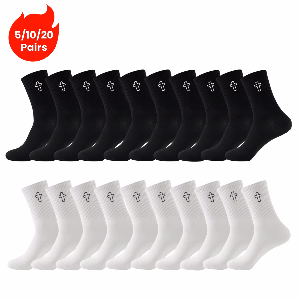 5/10/20 Pairs Crew Socks with Cross Pattern, Comfort, Breathability, Moisture Absorption, and Sweat Wicking