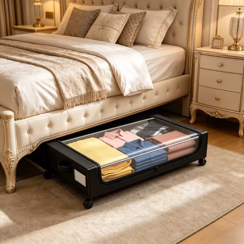 Space-Saving Pull-Out Underbed Storage Boxes with Wheels Lids for Shoes Clothes Ideal Dorm Bedroom Organizer
