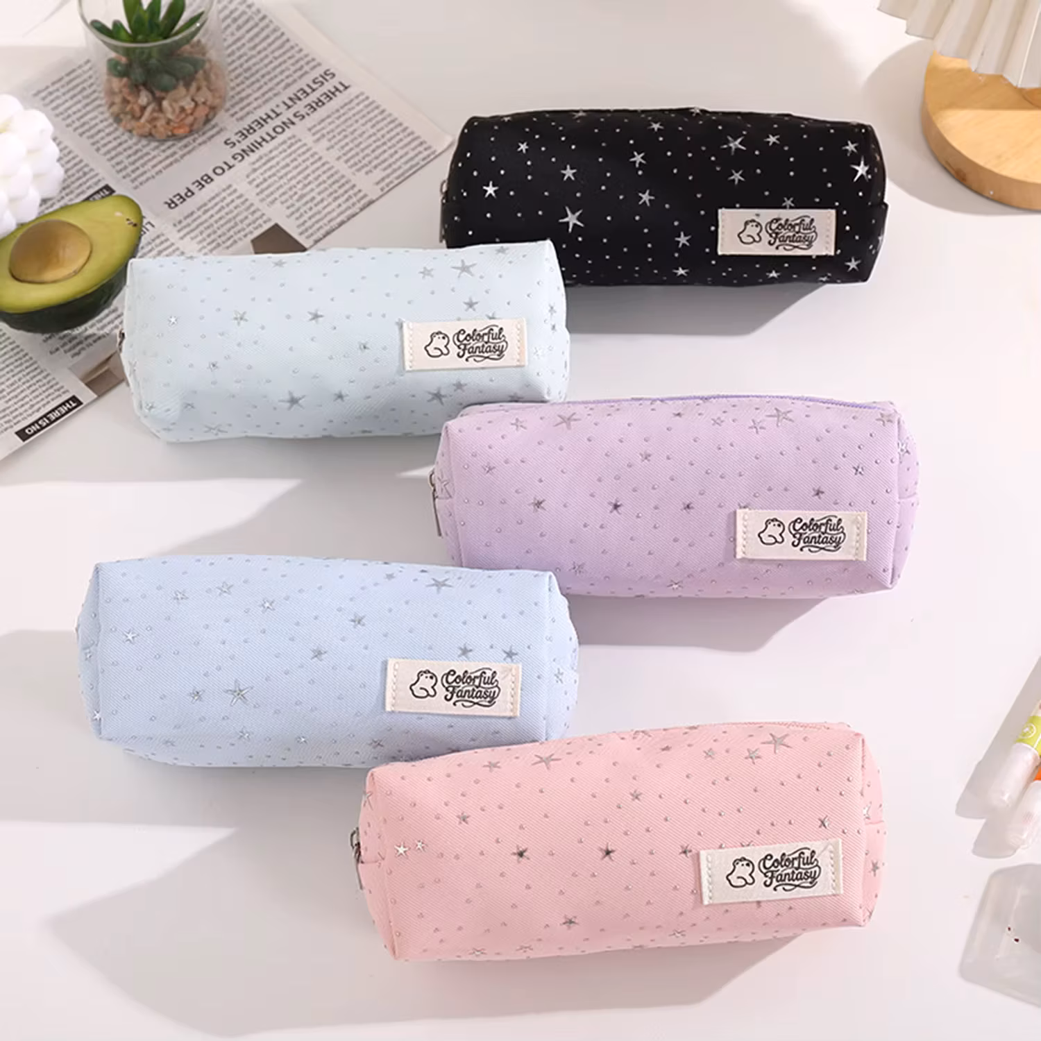 Pencil Case Polka Dot Star Design, Minimalist Stationery Storage Bag for Students, Portable Desktop Organizer, Back to School