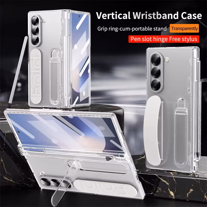 Luxury Wrist Band Holder Hinge Phone Case for Samsung Galaxy Z Fold 7 6 5 4 3 with Pen Slot & S Pen Screen Protector Film Cover