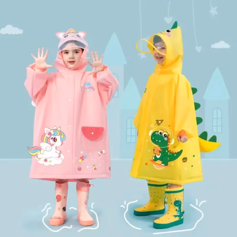 Cute Dinosaur Unicorn Waterproof Kids Rain Poncho Jacket With Backpack Slot For Children Students School Daily Rainwear