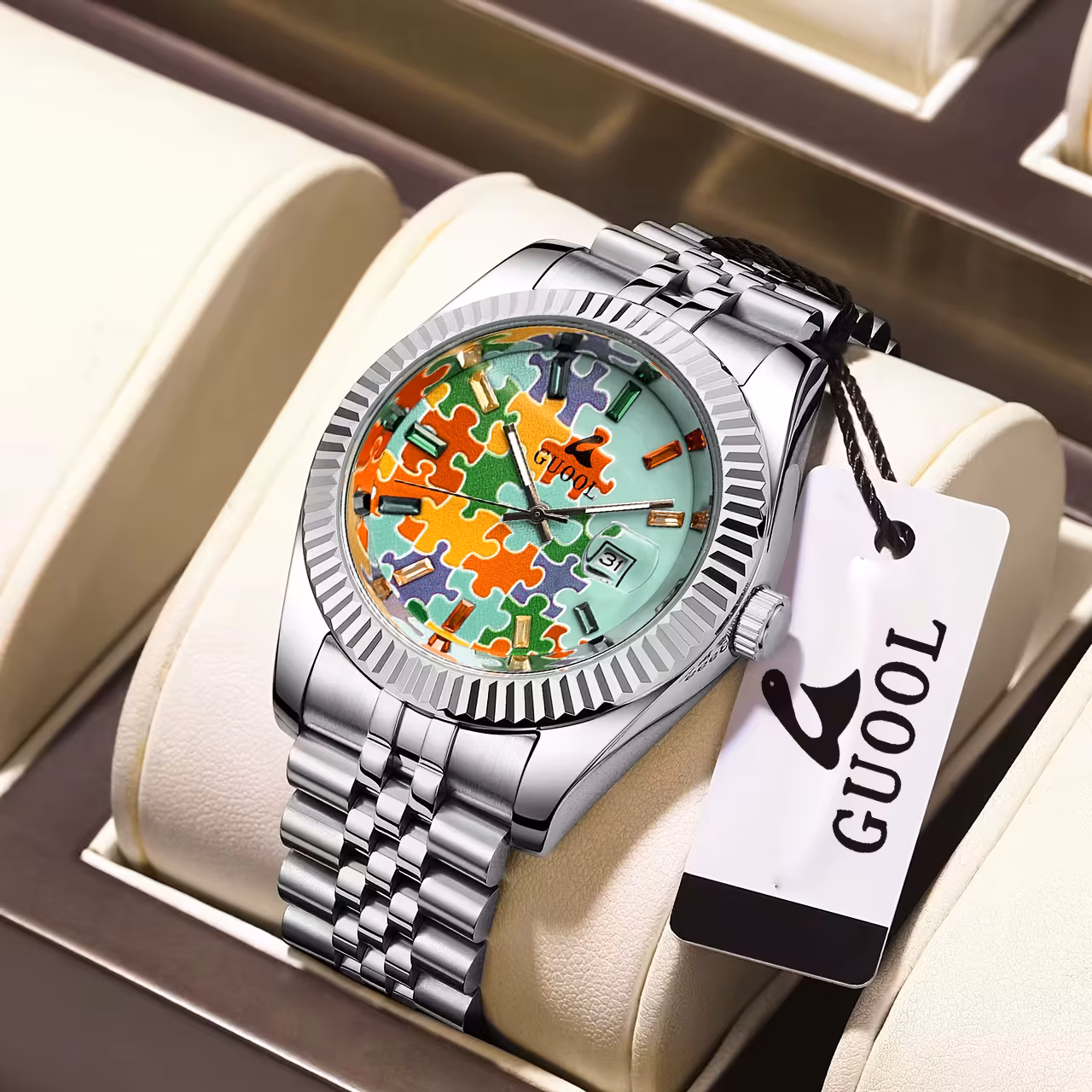 -Selling Men's Stainless Steel Five-Link Steel Band Watch with Puzzle Pattern, Business Style, Round Case, Calendar Display Function, Valentine's Day Gift, Father's Day Gift, Holiday Gift, Halloween Gift, Christmas Gift, Thanksgiving Gift