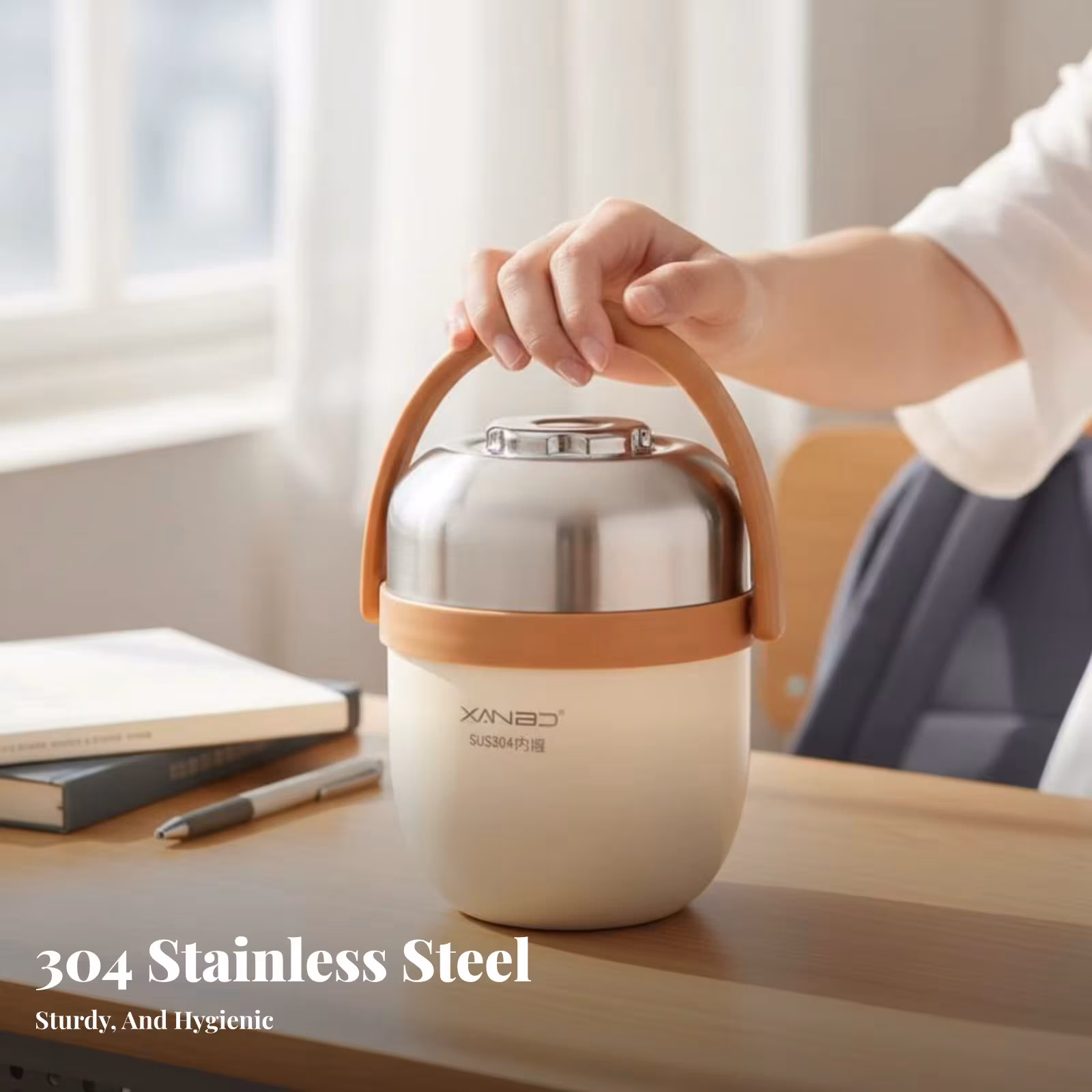 304 Stainless Steel Double-Tier Vacuum Insulated Lunch Box, Large Capacity, Portable Food Container, Student Soup Bowl