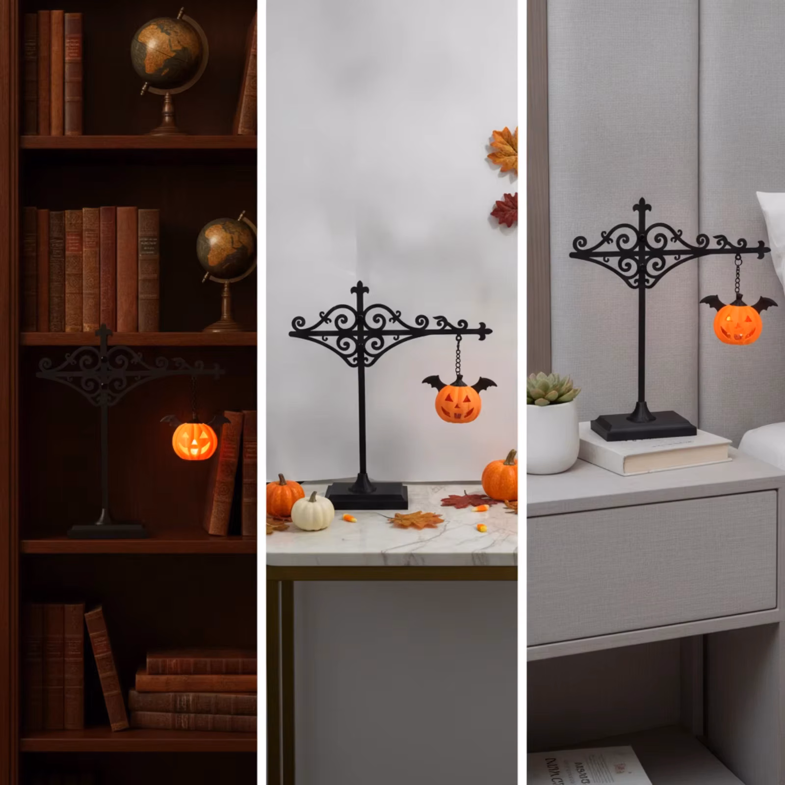 Lantern with Pumpkin Ornament Decorative Craft Lantern Light Decor Black Metal Festive for Bookshelf, Reading Corner