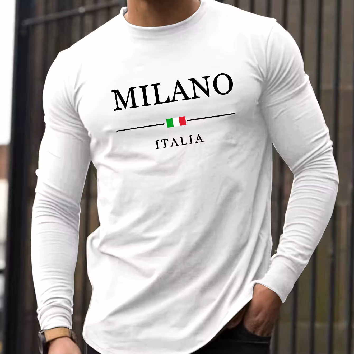 100% pure cotton men's long sleeved round neck loose casual Milano Italia print spring and autumn versatile T-shirt