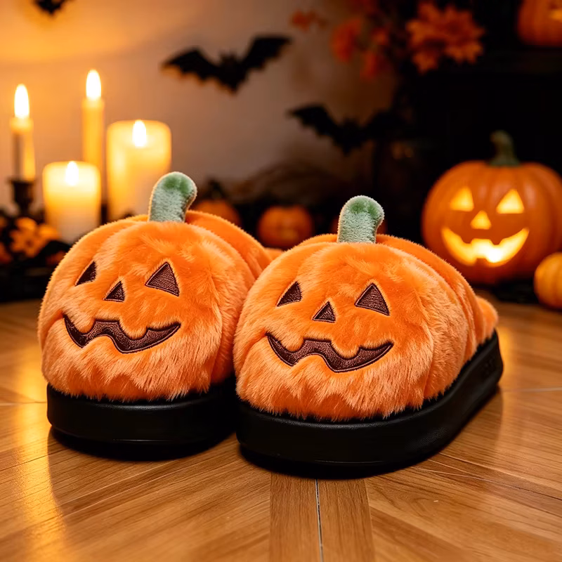 Halloween 3D Pumpkin Plush Slippers Women Fluffy House Slides Unisex Winter Platform Shoes Girls Non-Slip Indoor Holiday Party