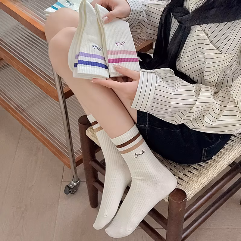 Socks For Women Spring Summer Girls Sports Mesh Socks Breathable Absorb Sweat White Simple Embroidery Striped Socks Female
