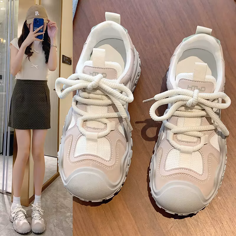 Women's Retro Hiking Dad Sneakers PU & Mesh Upper Chunky Platform Sole Lace Up Korean Style Casual Running Shoes Spring