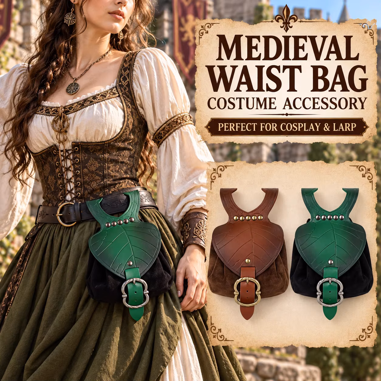 Halloween Medieval Leaf Shape Waist Pouch Vintage Leather Belt Bag Larp Elf Cosplay Party Dress-up Costume Accessory