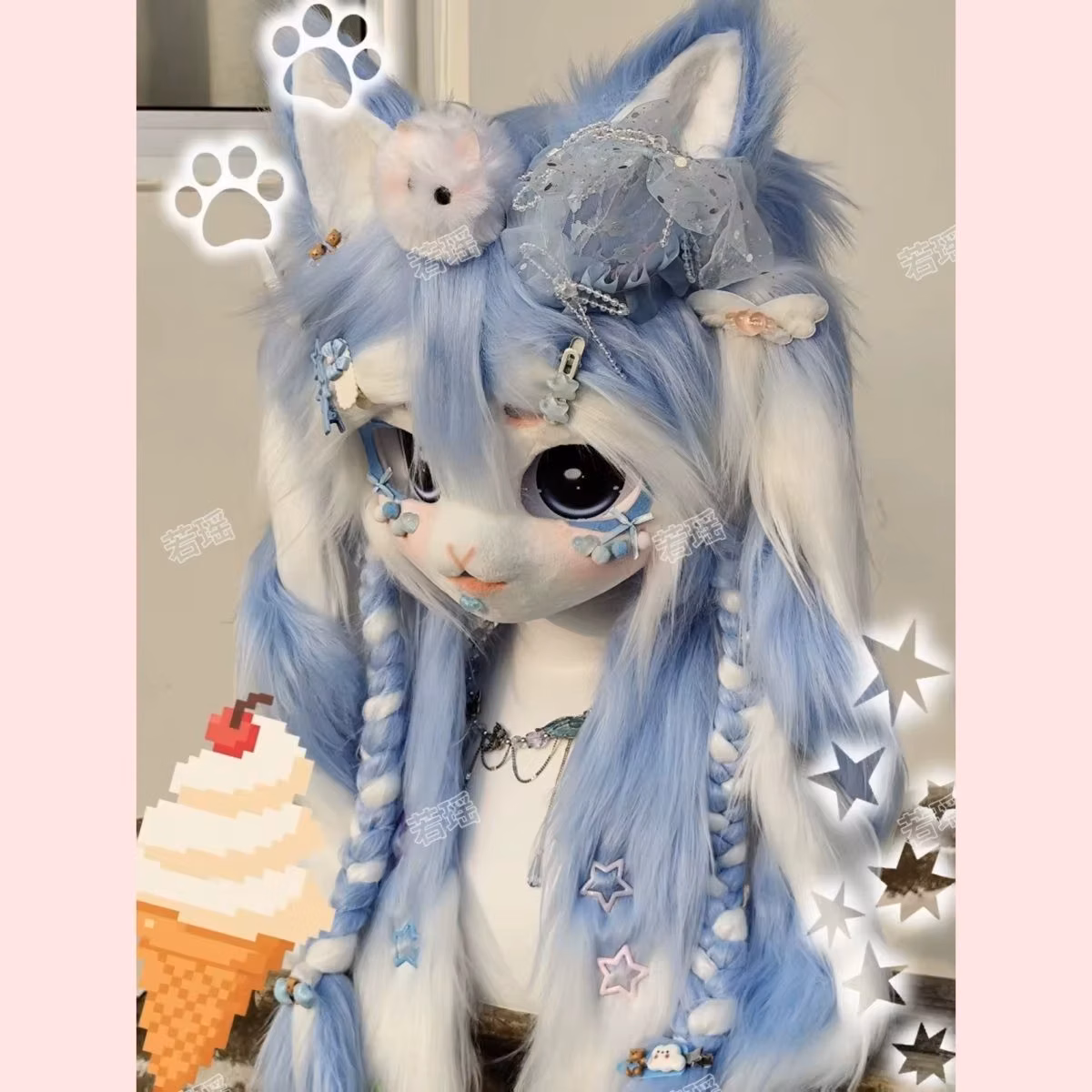 Custom OC Design Cat Kemono Fursuit Head Handmade Lace Decor Lolita Furry Mask Halloween Cosplay Prop