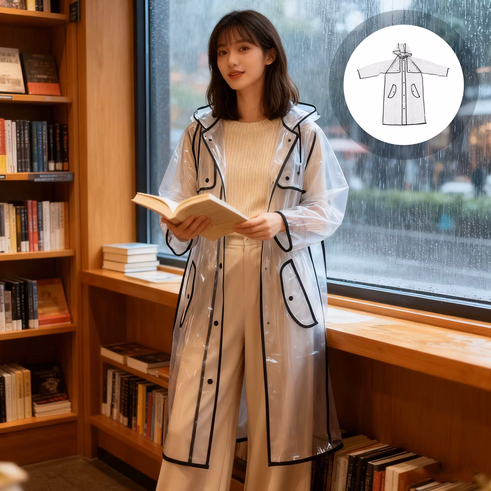 Student Clear Hooded Raincoat Portable Black Edging Button Closure Waterproof Rain Jacket Lightweight 140Cm Above