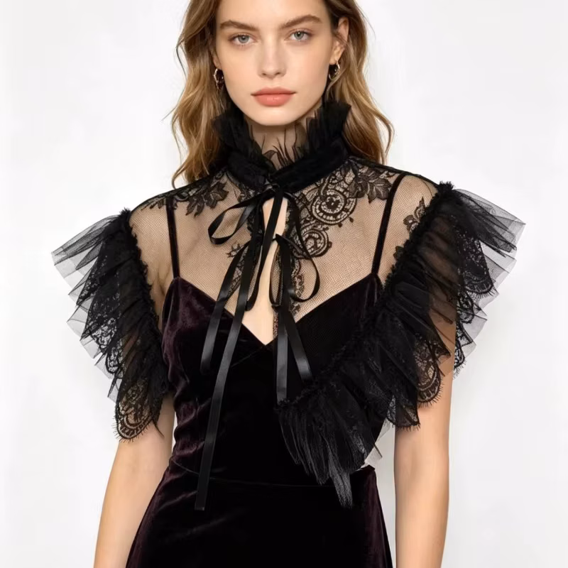 Gothic Style Lace Tulle False Collar Shawl Decorative Neck Wrap for Halloween Party Stage Performance Costume Accessories