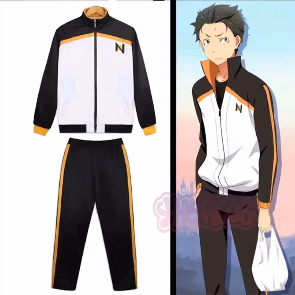 Anime Subaru Natsuki Cosplay Costume Campus Uniform Black White Tracksuit Jacket Pants Suit in stock