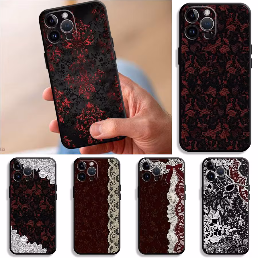 Black And Red Sexy Lace Phone Case for Apple iPhone 17 Pro Max 14 13 11 17e 15 Pro 7 8 XR XS Max 16 12 Air Funda Phone Cover
