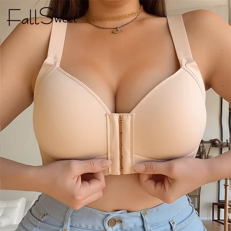 FallSweet Plus Size Wireless Front Closure Bra for Women Seamless Thin Cup Soft Comfortable Breathable Mom Lingerie Brassiere