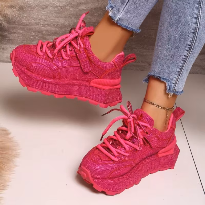 Full Diamond Fashion Sneakers Spring and Autumn Round Toe Lace-up Platform Non-slip Single Shoes