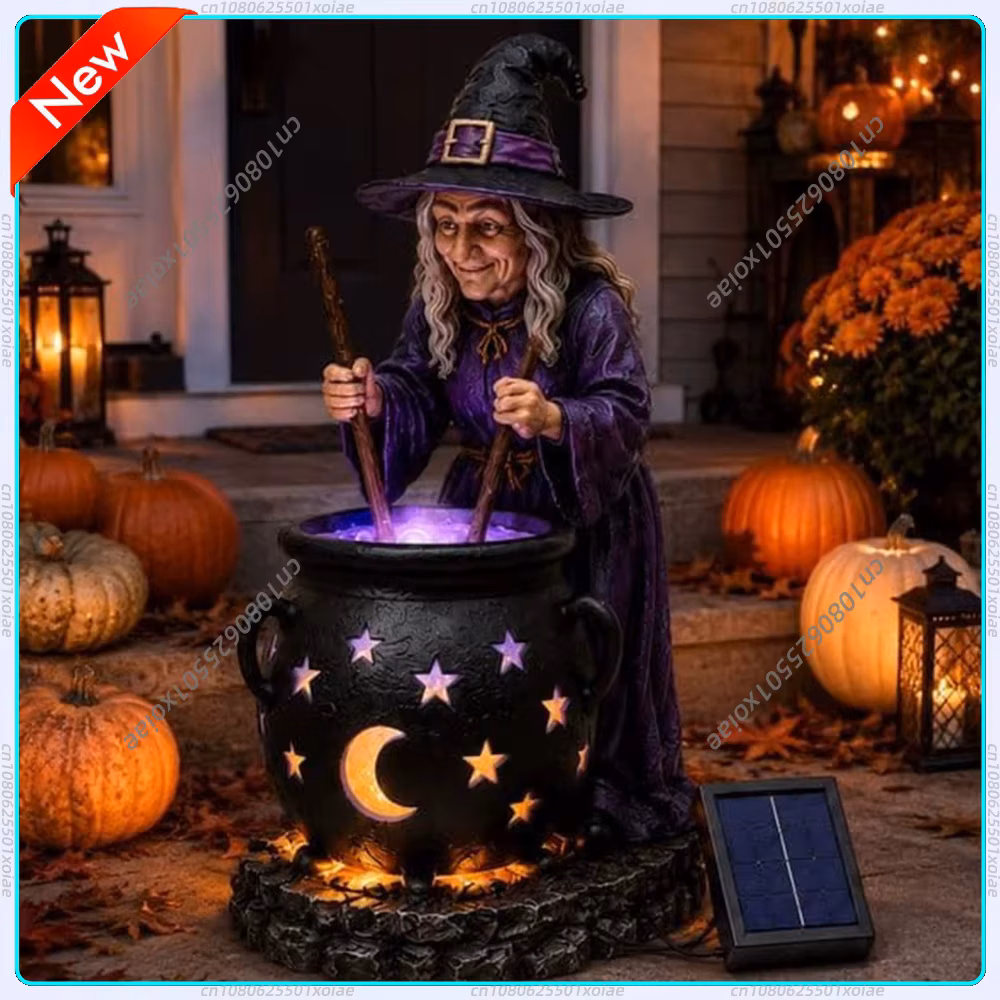 Solar Powered Halloween Witch Cauldron Garden Light Resin Figurine Outdoor Decor Glowing Stars Moon Yard