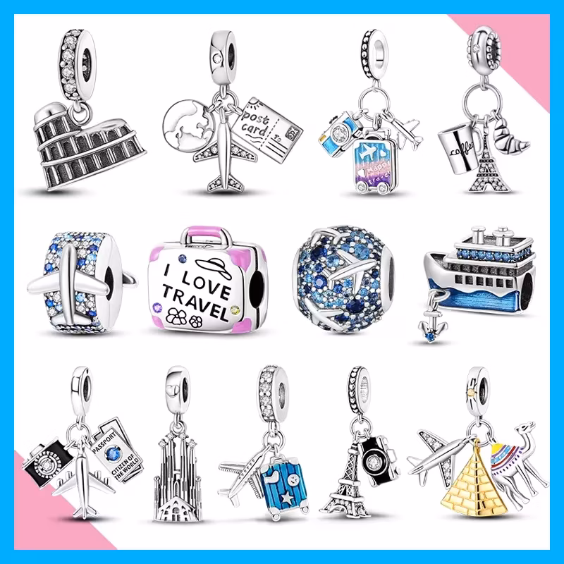 Passport Globe Camel Cathedral Travel CZ Original Charms Silver Plated Beads Fit Bracelets Bag Keychain Diy Women Gift Accessory