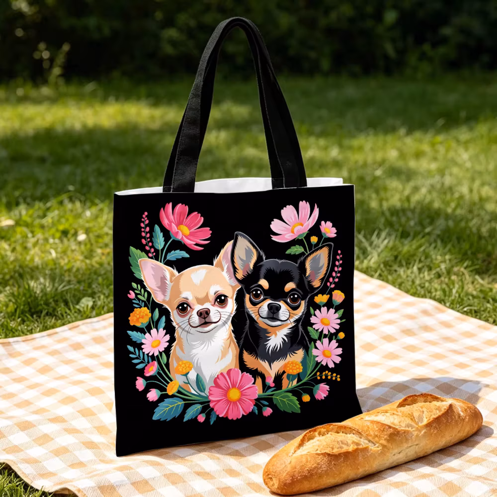 Chihuahua Dog Print Handbag Black Floral Pattern Tote Bags And Makeup Bag Combination For Shopping And Travel Portable Pouch