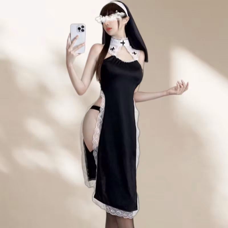 Sexy Lingerie High Waist Lace Role-playing Hollowed Out Uniform Home Decor No Need To Take Off Slit Tempting Crisscross Straps