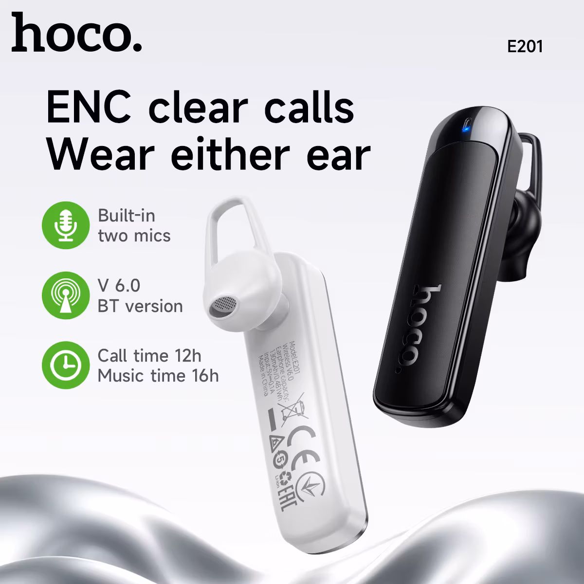 Hoco E201 Enc Calling Noise Cancelling Bluetooth 6.0 Single Wireless Earphone with Dual Microphone Bussiness Earbuds 170H Standy