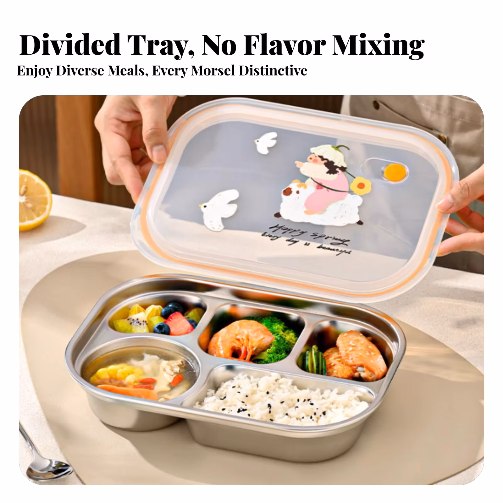316 Stainless Steel Insulated Bento Lunch Box, Multi-Compartment, Cartoon Design, Large Capacity, For Students
