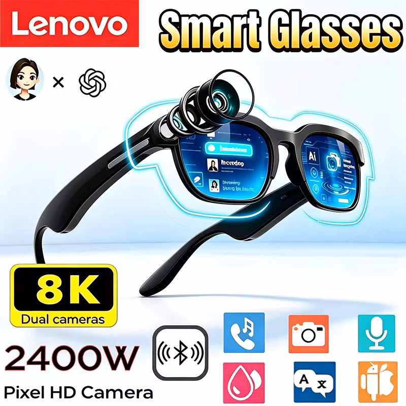 Lenovo Smart Glasses 2400W Camera AI Translation HD Hands‑Free Calling Bluetooth 6.0 Music Playback Blue‑Light Protection Stereo