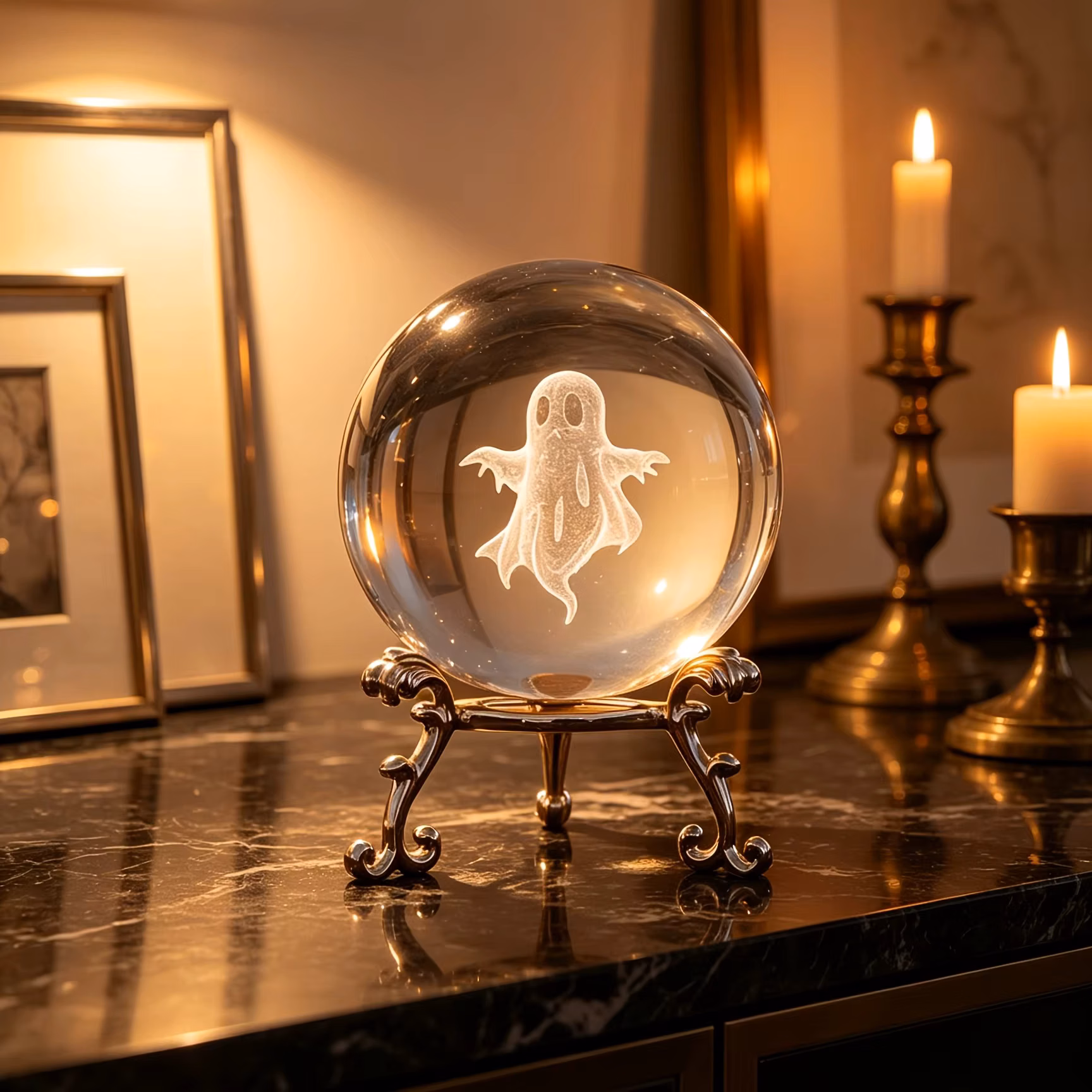 Ghost Engraved Crystal Ball, Spooky Halloween Gift, Crystal Engraved Little Ornament with Base - Gothic Tabletop Decoration.