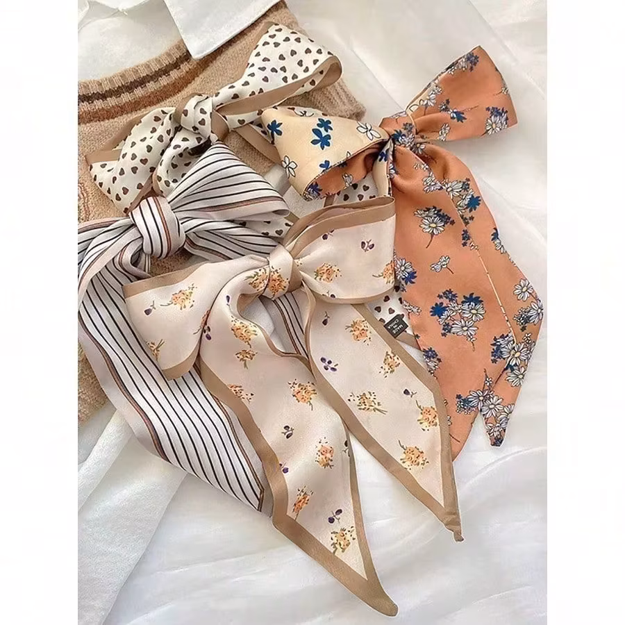 4pcs/Set Elegant Khaki Silk Scarves & Floral Pattern Hairbands & Stylish Hair Tie, Multi-Use For Daily Life And Vacation Headband Turban Headband Sweatband, School Stuff, College, Headbands Fall Winter Hair Band Hair Accessories For Women