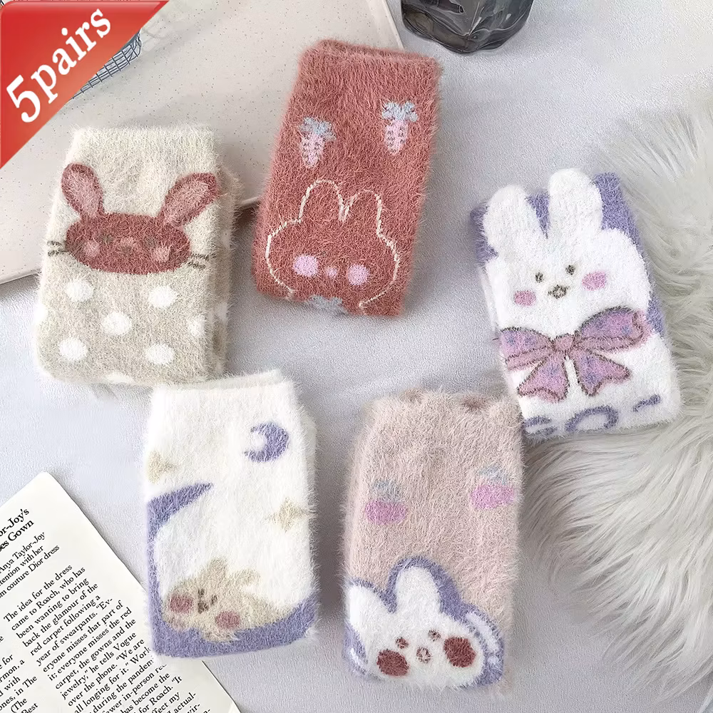 5 Pairs Ladies' Socks Pack Cute Cartoon Patterns Cute Kawaii Japanese Sweet Mink Fur Socks Comfortable Soft Floor Socks For Girl