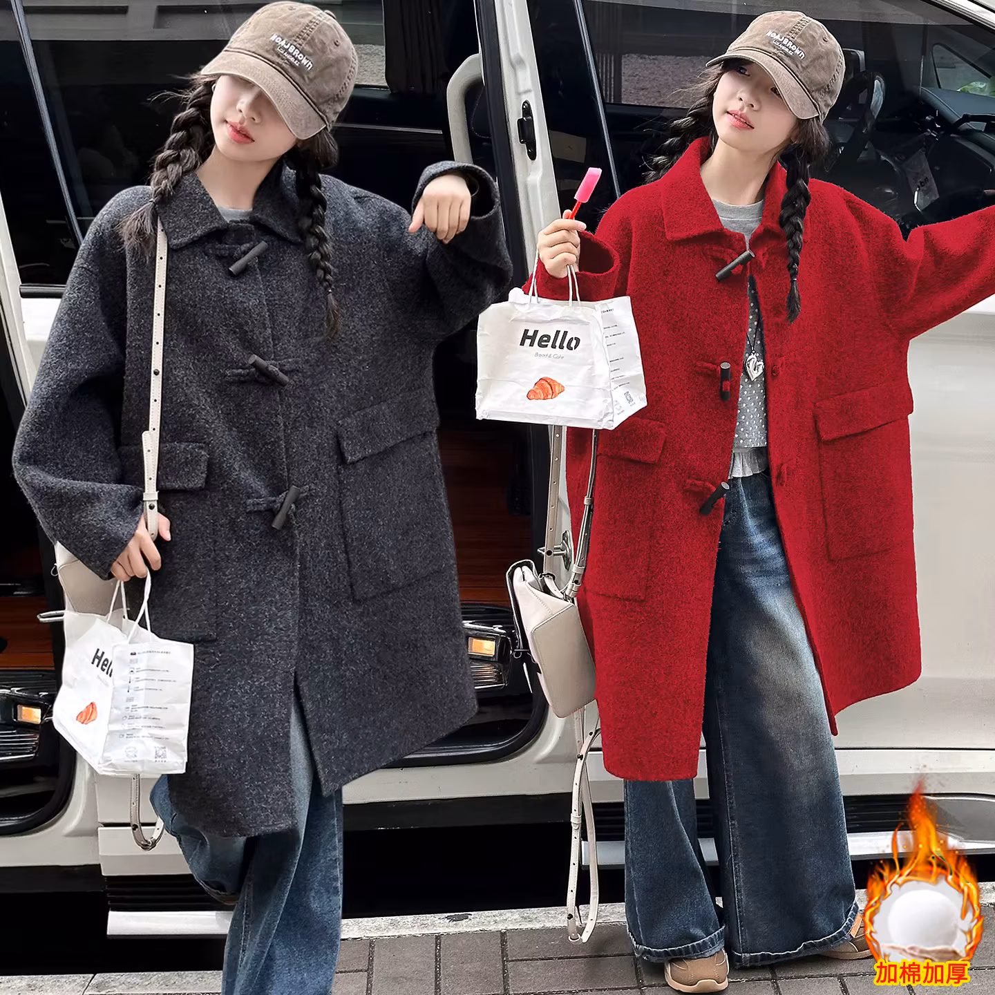 Autumn winter horn button teen girl Soft gray red woolen overcoat junior kid warm length topcoat casual big child outerwear coat