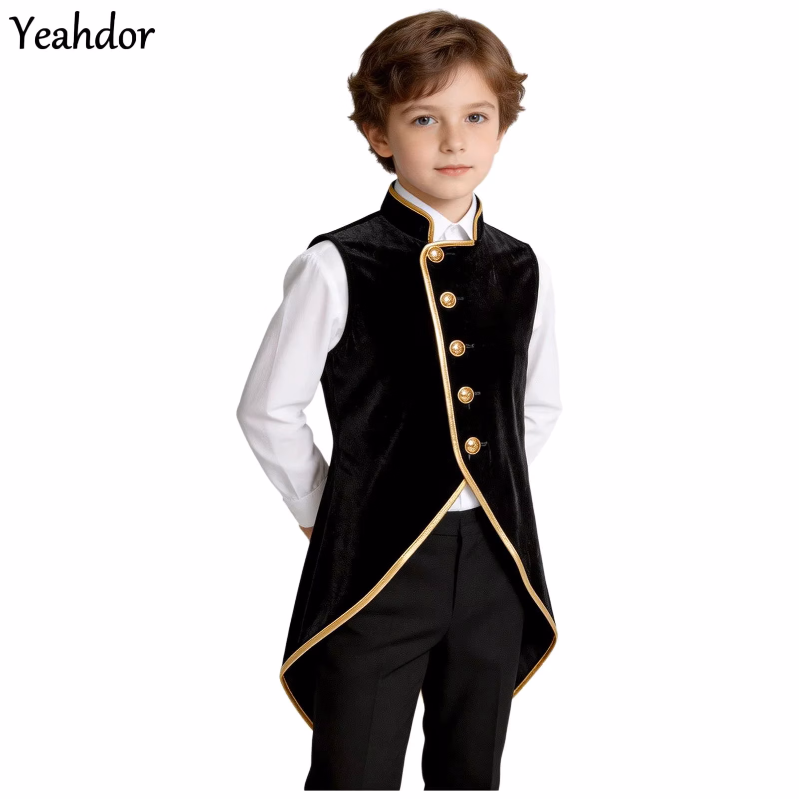 Boys Retro Medieval Renaissance Steampunk Gothic Velvet Tailcoat Jacket Metallic Trim Victorian Vest Carnival Halloween Costumes