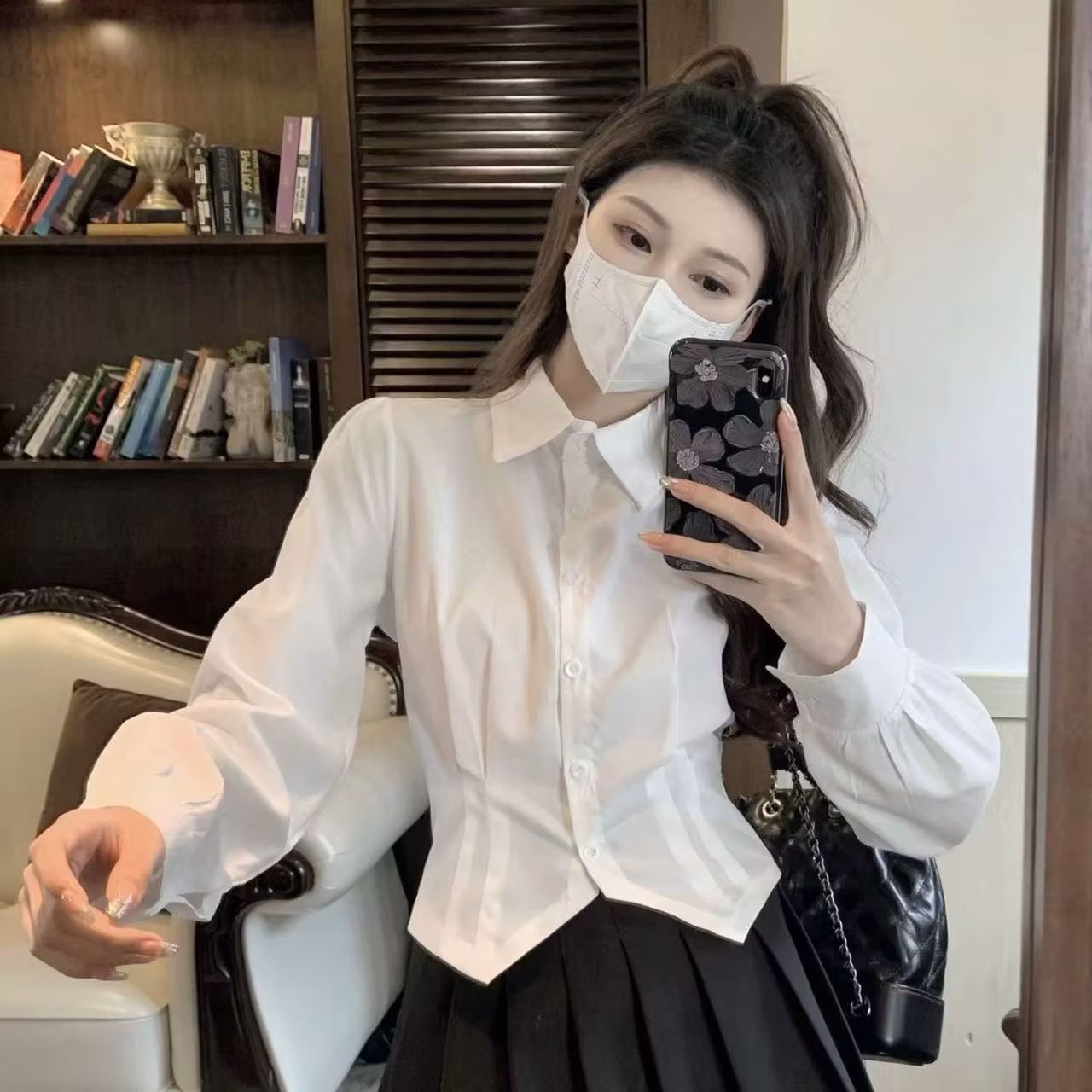 S White Long sleeve Vintage Shirt Women Slim Tunic Button up Basic Blouse School Polo Neck Crop Female