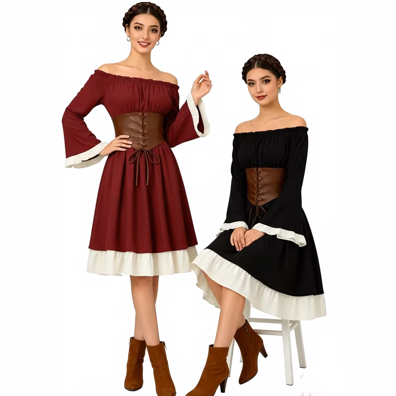 Medieval Renaissance Midi Dress Women Pirate Cosplay Costume Off Shoulder Long Flare Sleeve Corset Waist Vintage Gothic Outfit