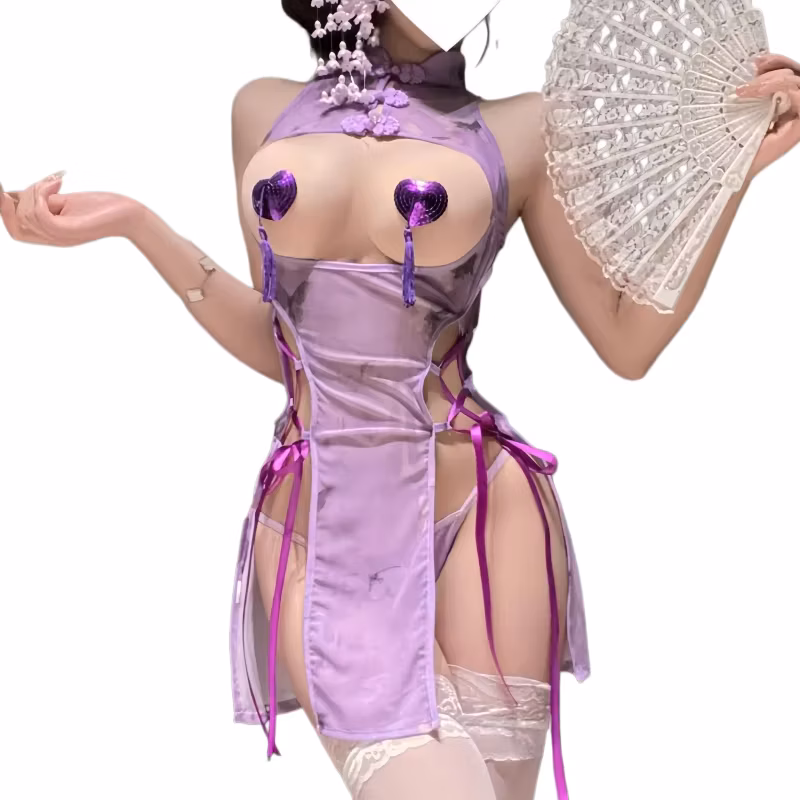 Exposed Flirtatious Backless Sexy Chinese Style Purple Cheongsam High Slit Tie Lace Up Sexy Lingerie Seductive Uniform Skirt