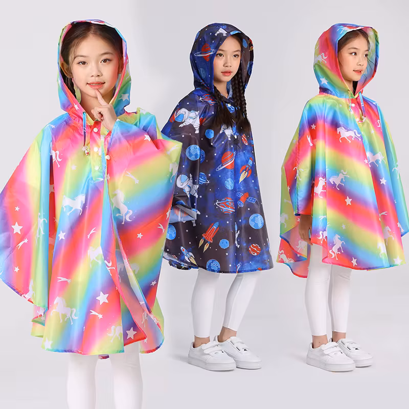 Cute Kids Rainbow Raincoat Waterproof Windproof Children Rain Jacket with Poncho Hat for Kindergarten School Student Rain Gear