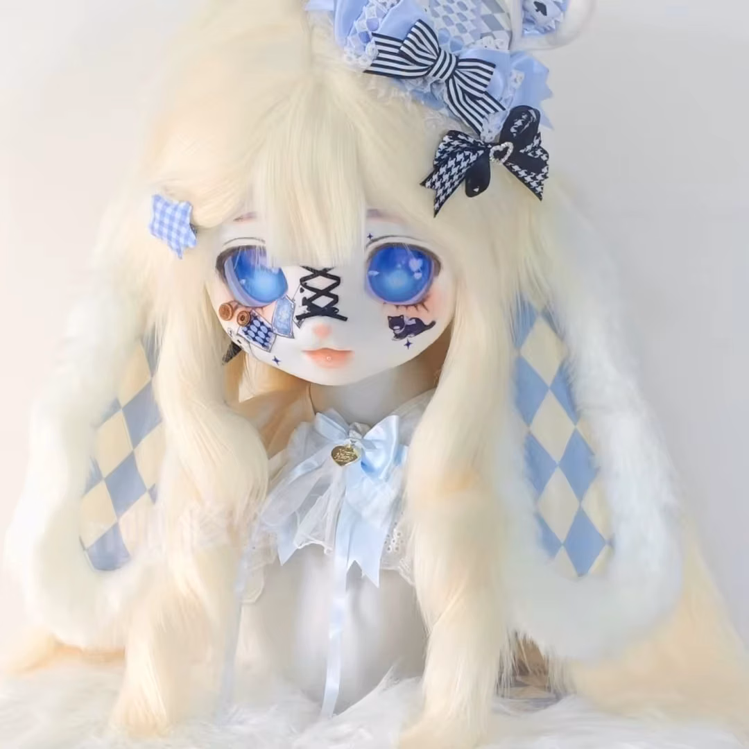 Cute Kig Headgear Fursuit Head Mask Plush Long Bunny Ears Blue Check Bow Headdress For Cosplay Photoshoot Halloween Party