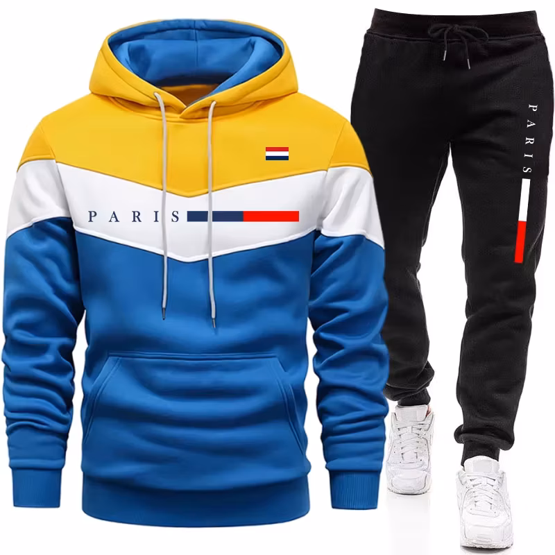 Urban Casual Fashion Hoodie Sportswear Paris Printed Pullover Outfits Men's Set Hooded Sweatshirt and Jogger Pants