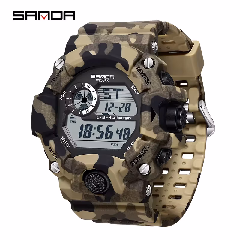 Sanda 2183 Electronic Watch Fashion Military Camo Waterproof Outdoors Sports Digital Display Silicone Strap Wristwatchs for Men