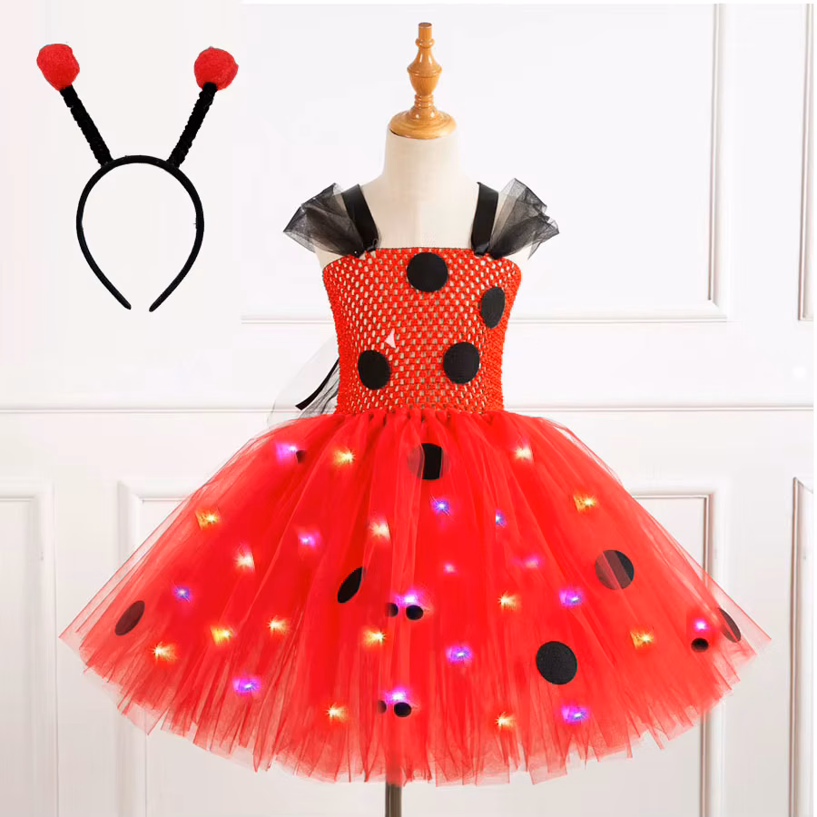 Girls Light Up Ladybug Costume Kids Led Princess Dress Up Halloween Birthday Party Cosplay Outfit Clothes Apparels