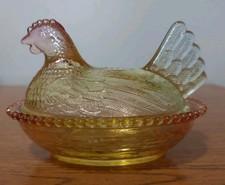 Light Yellow Pink/Blue Hen On Nest Glass Candy Dish 3 1/2 T x4 3/4 L