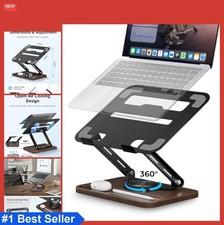 Adjustable Laptop Stand for Desk 360 Rotating Wooden Base Storage Fits 15.6