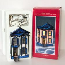 Vtg Lighted Stained Glass Victorian House Building Crystal Village Blue White