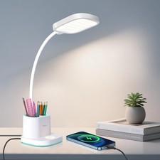 Dimmable Led Small Desk Lamp Usb Charging Rechargeable 360 Arm Pen Holder