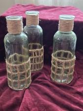 3 Light Blue Glass And Jute Vtg Vases Bottles Beach House Coastal Decor Boho