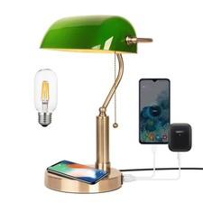 Glass Bankers Desk Lamp with Wireless Charger, 2 Usb Charging Port, Vintage D...