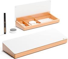 Glass Desktop Whiteboard with Wood Organizer for Small Office Accessories, Aesth