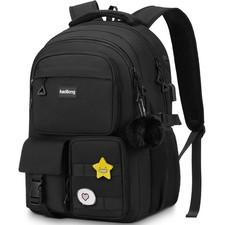 Black Laptop Backpack For College Student Women Middle High School Bookbag